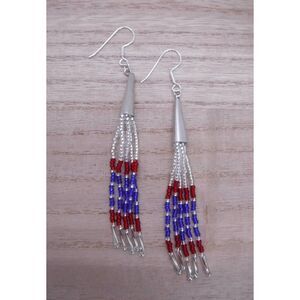 Earrings Beaded Red, Blue, Silver Iridescent